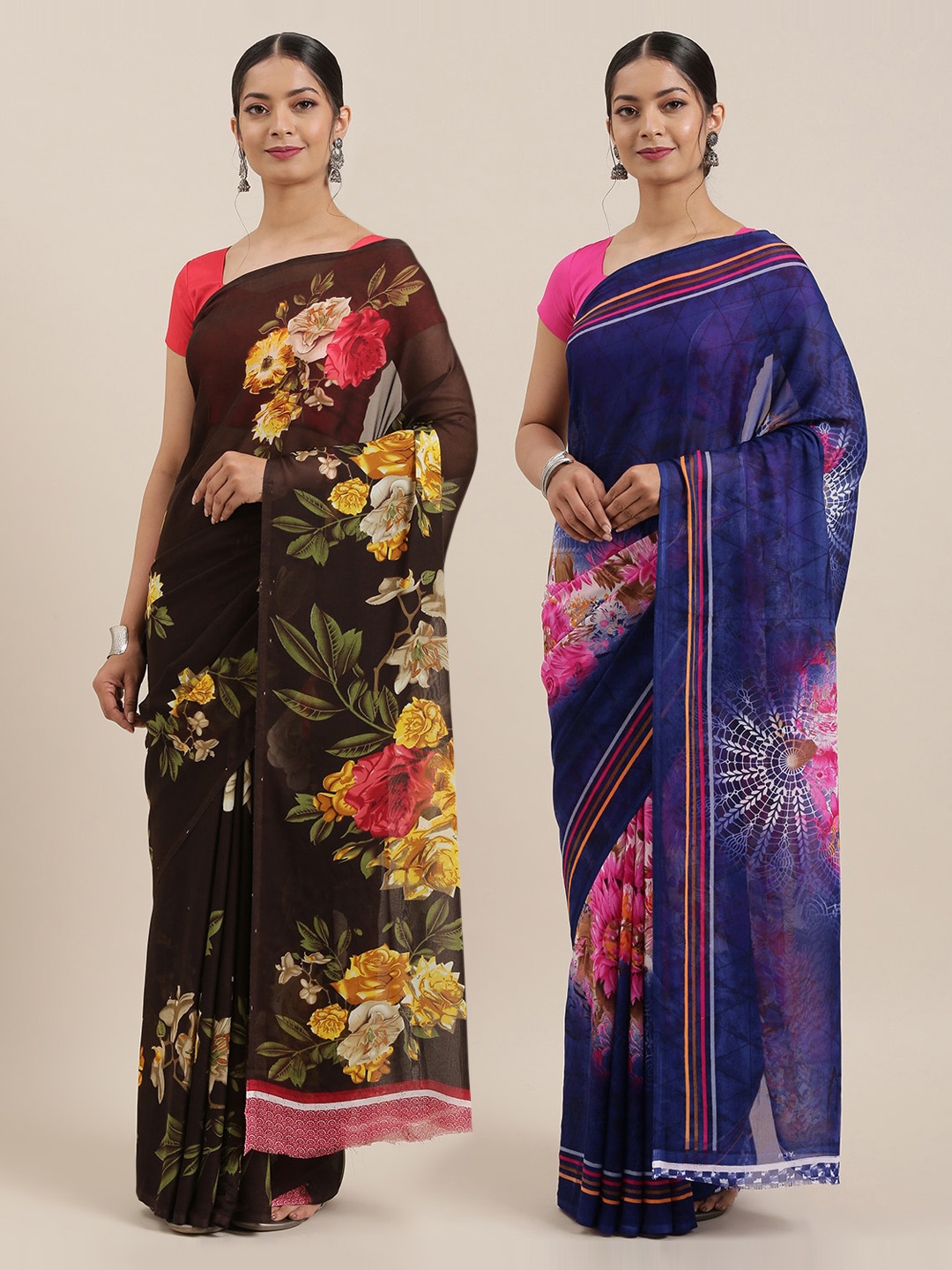 

ANAND SAREES Pack of 2 Printed Sarees, Navy blue