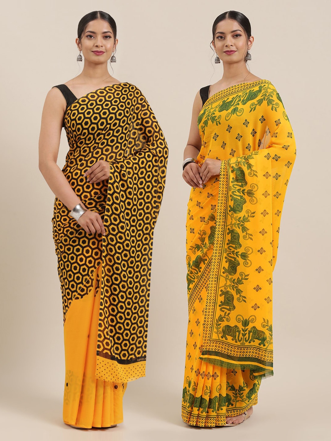 

KALINI Pack of 2 Printed Sarees, Yellow