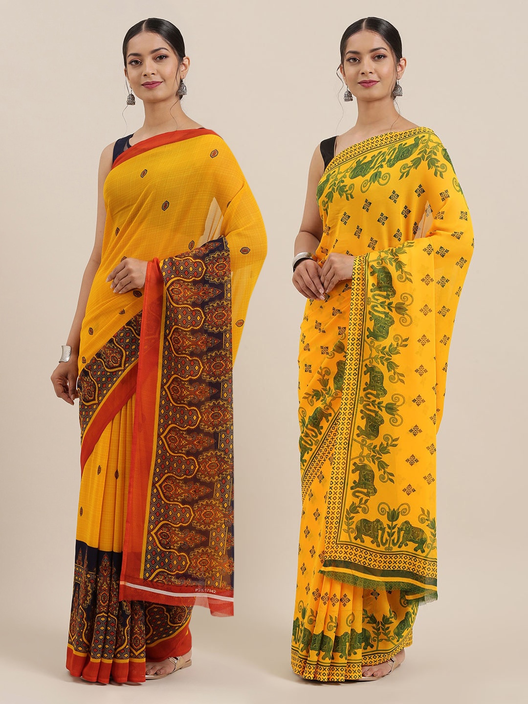 

KALINI Pack of 2 Printed Sarees, Yellow