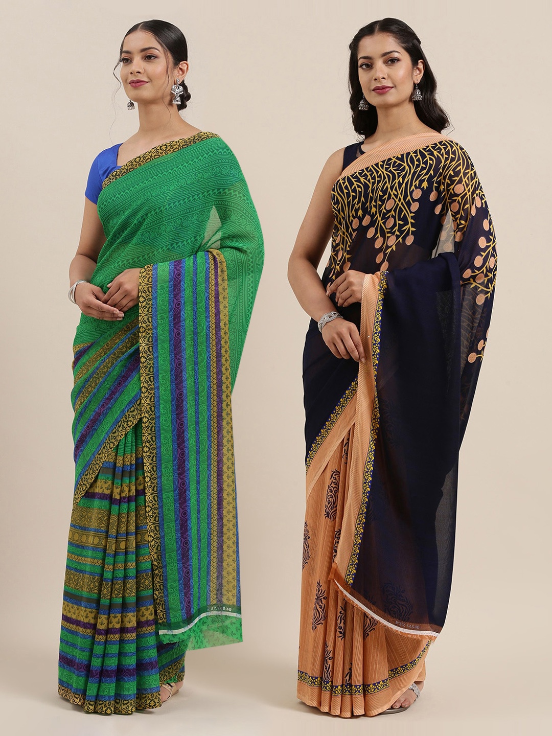 

ANAND SAREES Pack of 2 Printed Poly Georgette Sarees, Navy blue
