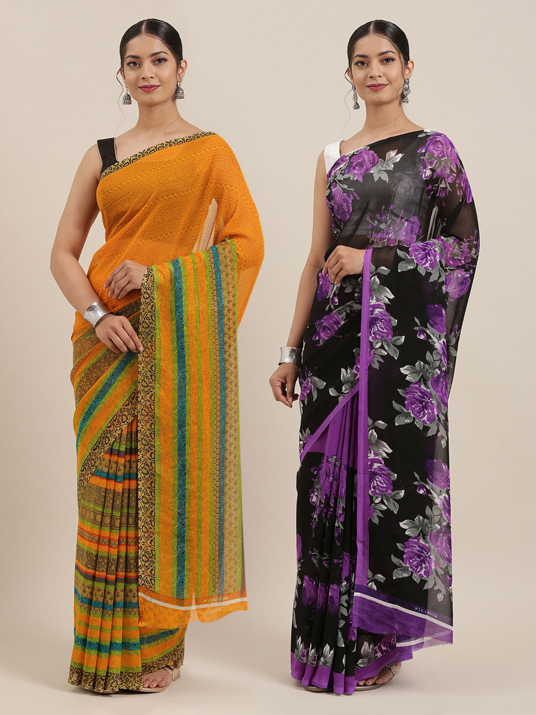 

ANAND SAREES Pack of 2 Printed Poly Georgette Sarees, Black
