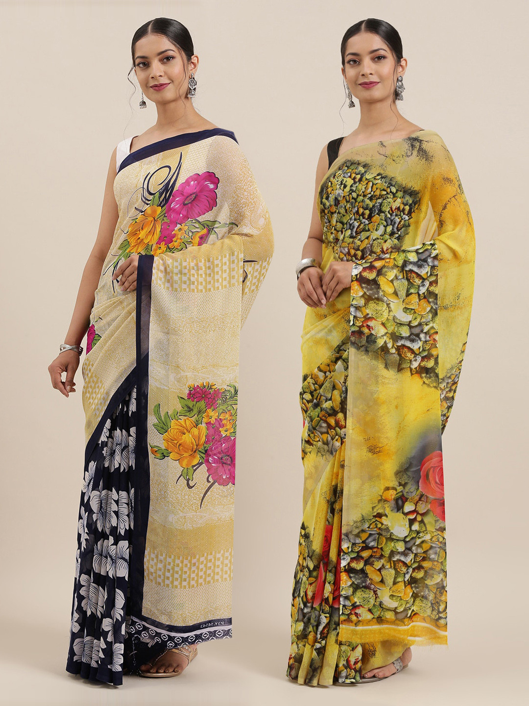 

ANAND SAREES Pack of 2 Printed Poly Georgette Sarees, Yellow