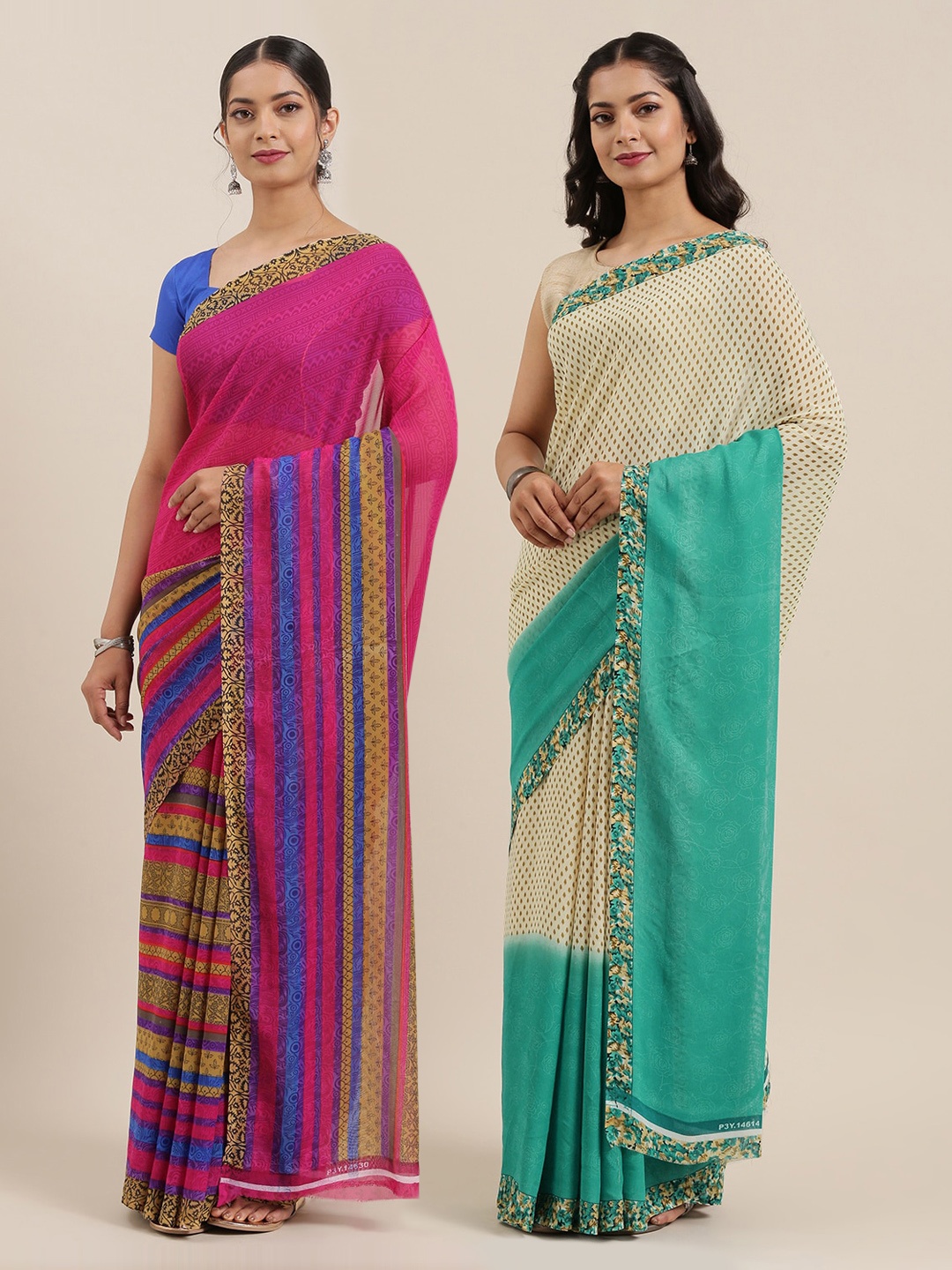 

ANAND SAREES Pack of 2 Printed Poly Georgette Sarees, Cream