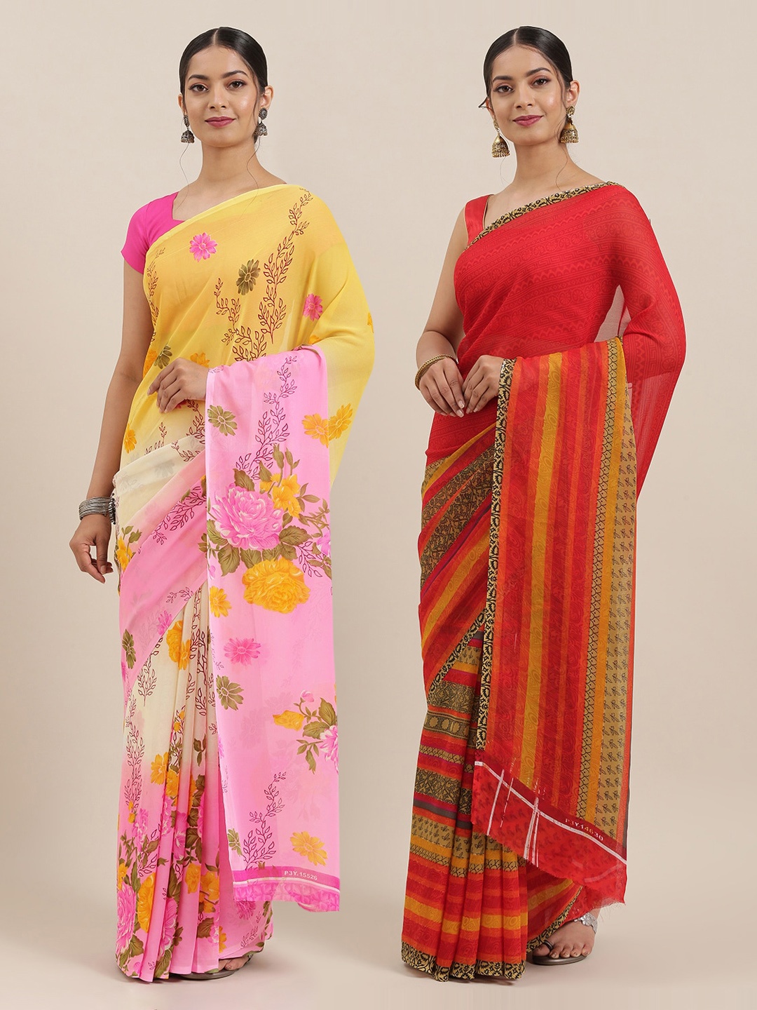 

ANAND SAREES Pack of 2 Printed Poly Georgette Sarees, Red
