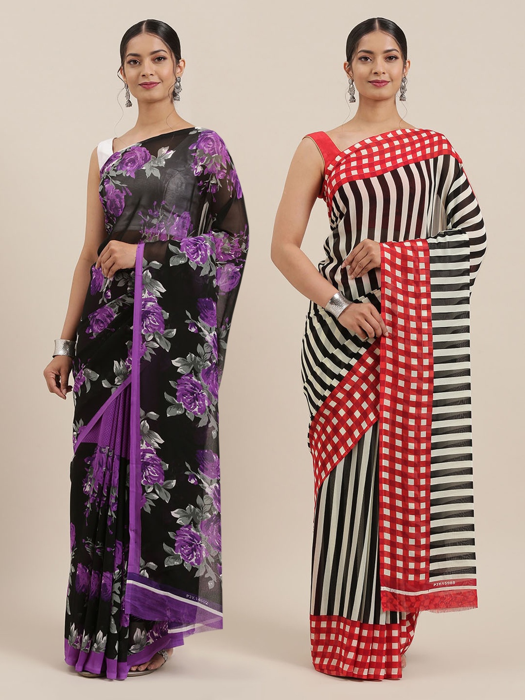 

KALINI Pack of 2 Poly Georgette Sarees, Black