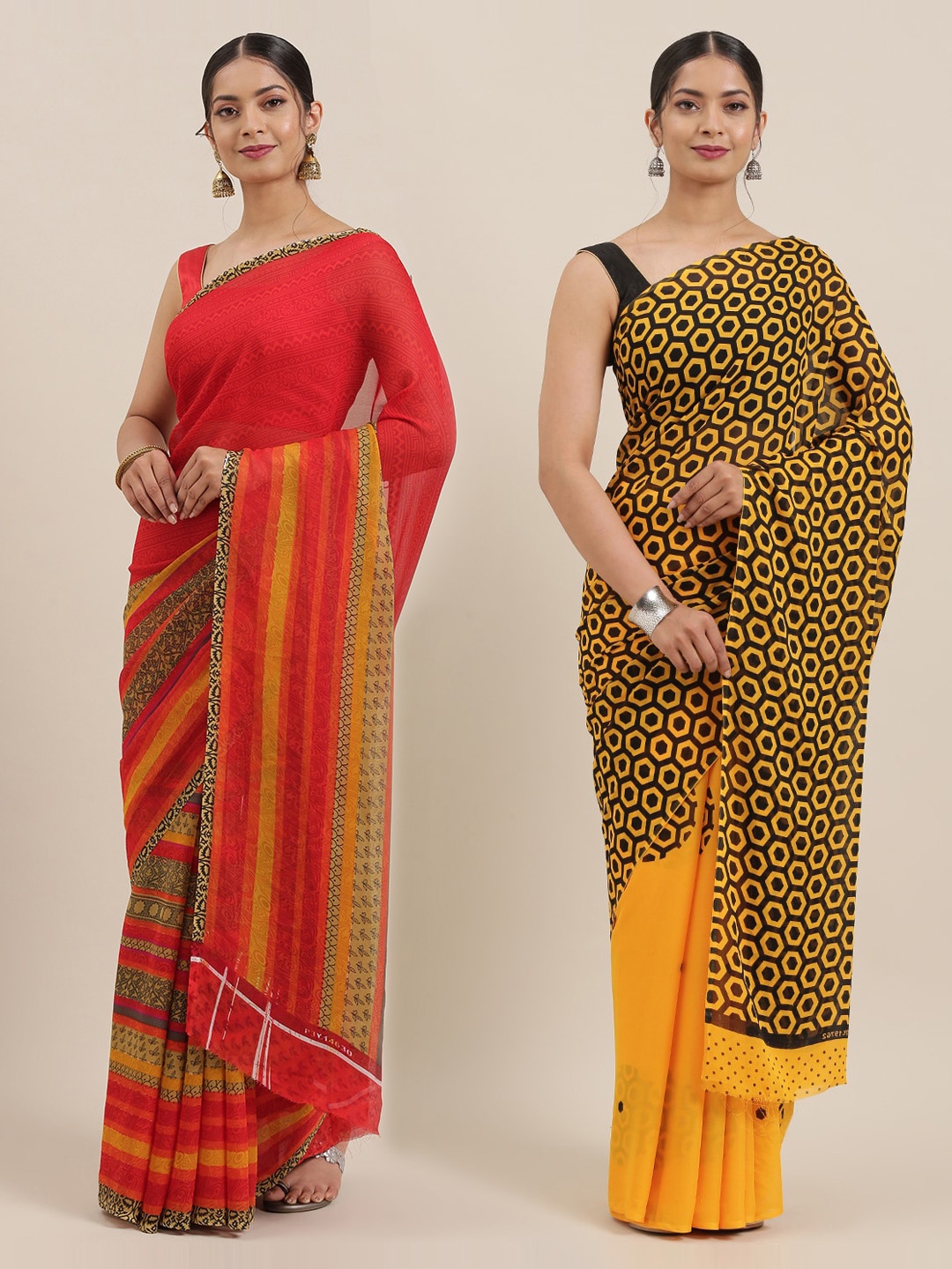 

KALINI Pack of 2 Printed Poly Georgette Sarees, Red