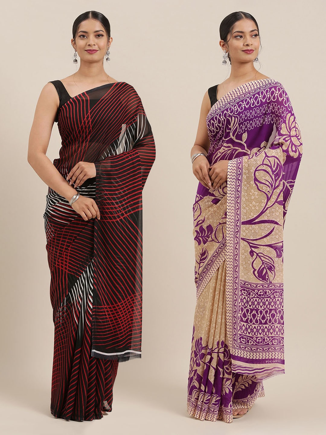 

KALINI Pack of 2 Poly Georgette Sarees, Black