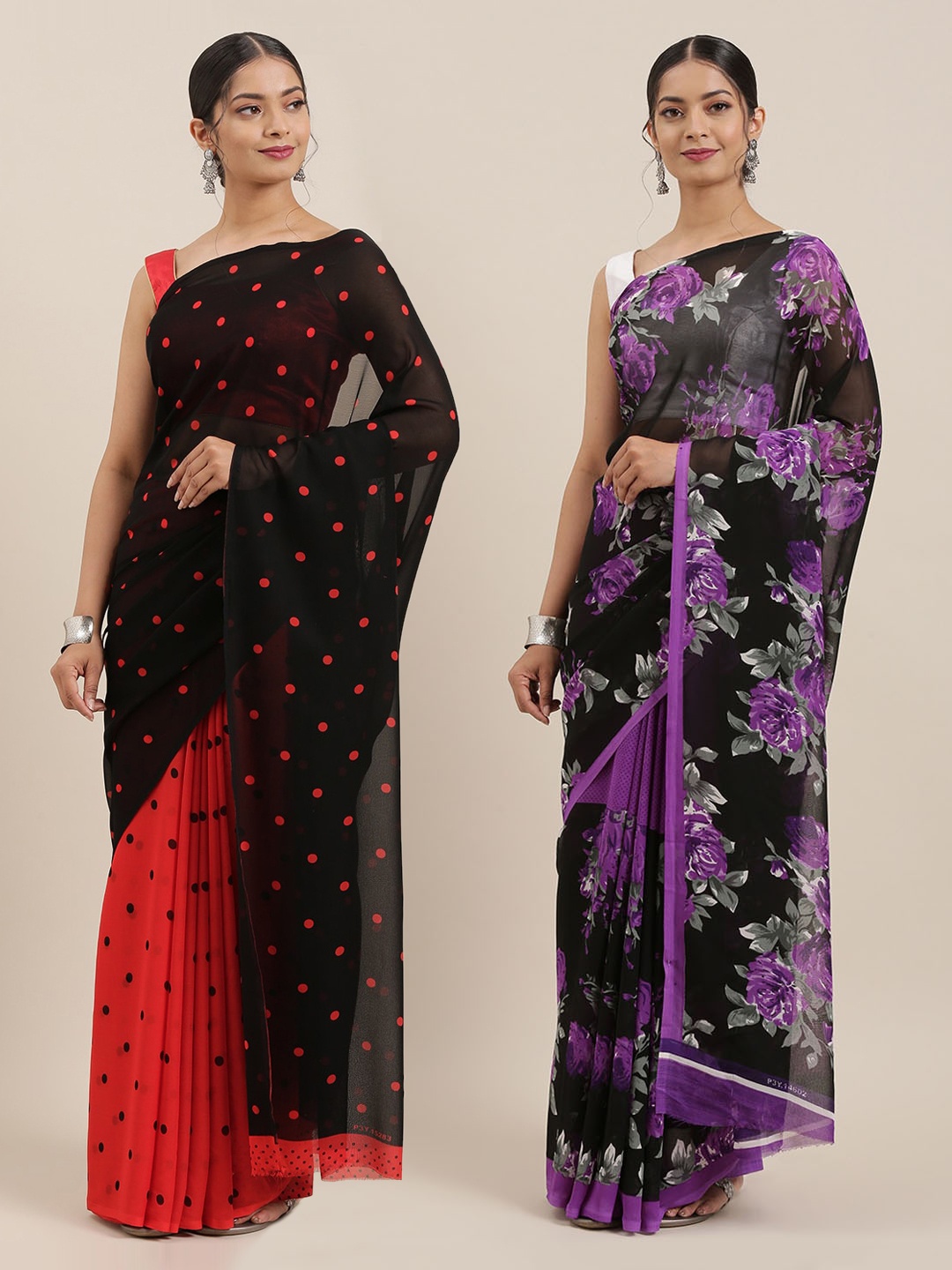 

ANAND SAREES Pack of 2 Printed Poly Georgette Sarees, Black