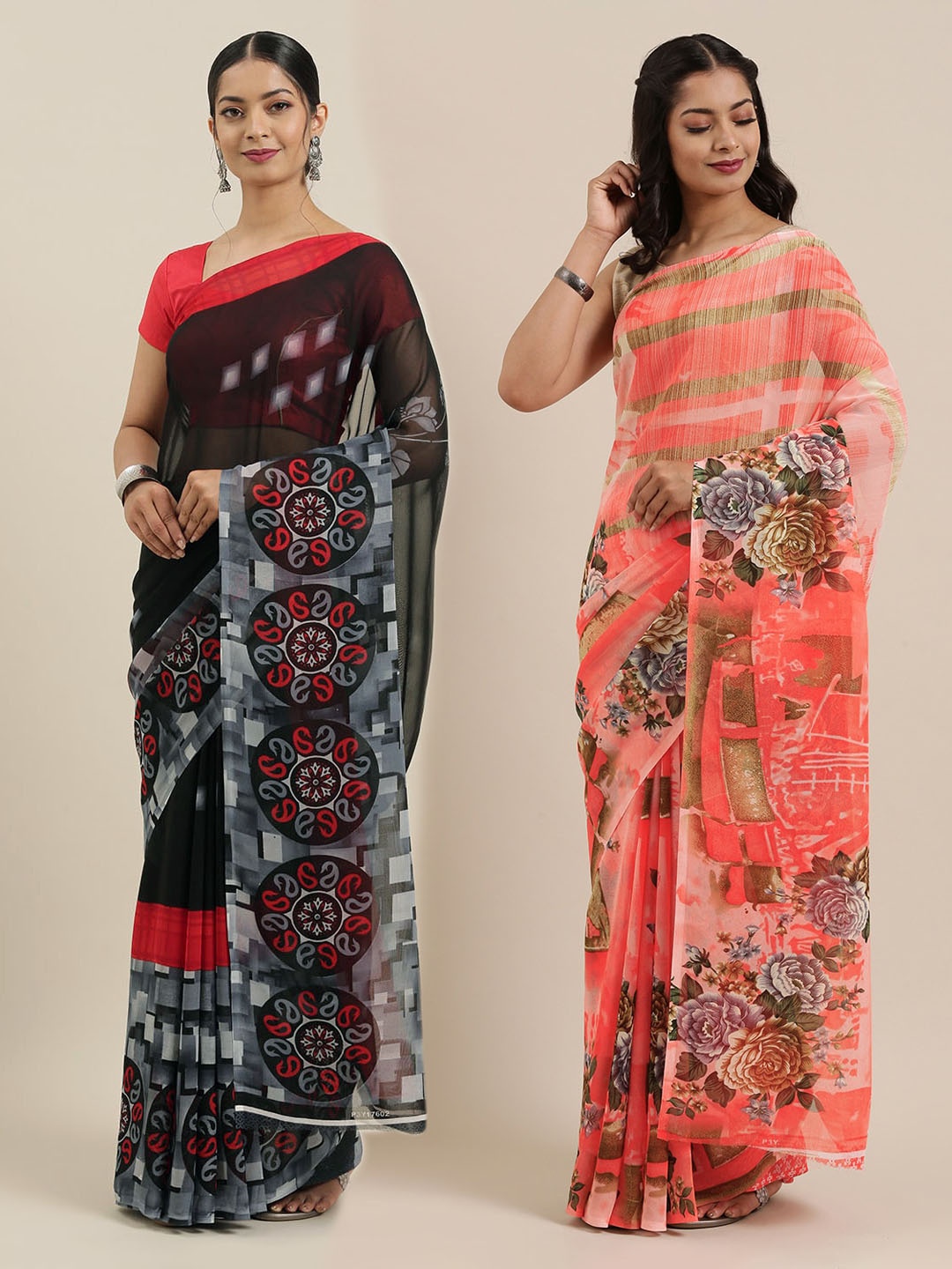 

ANAND SAREES Pack of 2 Printed Poly Georgette Sarees, Black