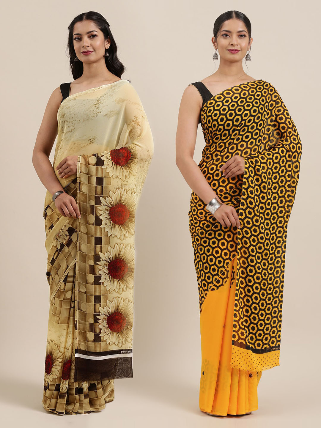 

KALINI Pack of 2 Printed Poly Georgette Sarees, Beige