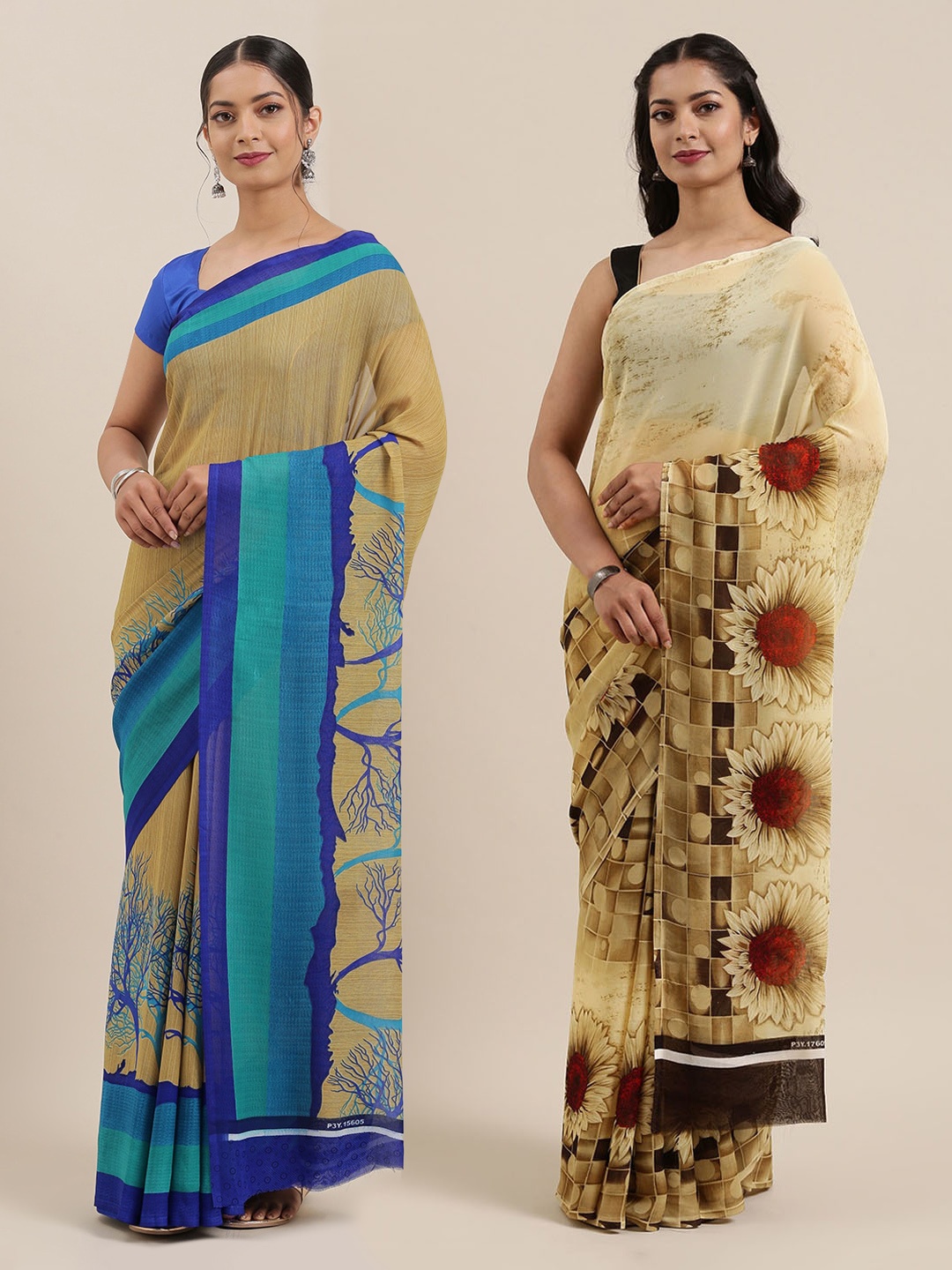 

ANAND SAREES Pack of 2 Poly Georgette Sarees, Beige