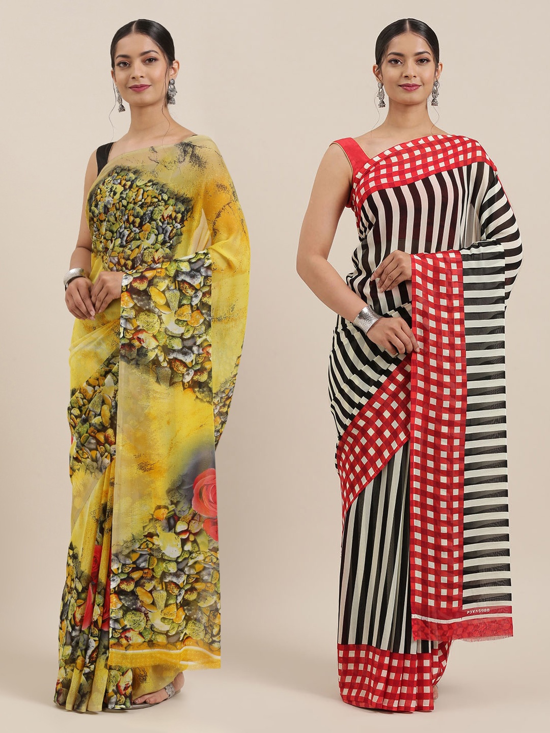 

KALINI Pack of 2 Poly Georgette Sarees, Yellow