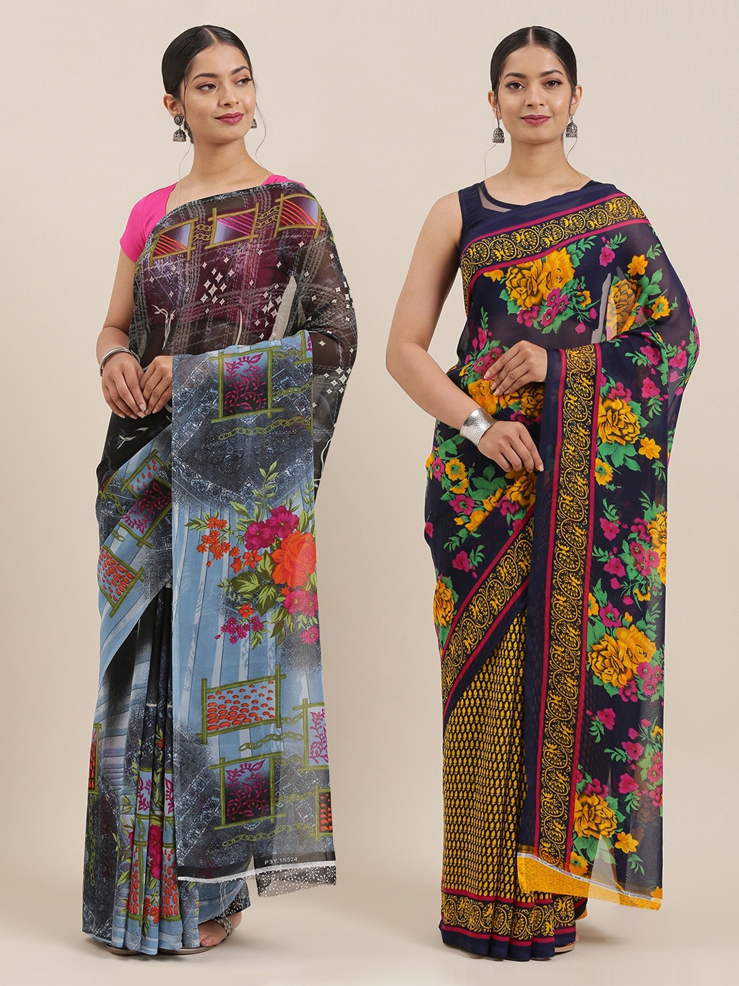 

ANAND SAREES Pack of 2 Printed Poly Georgette Sarees, Navy blue