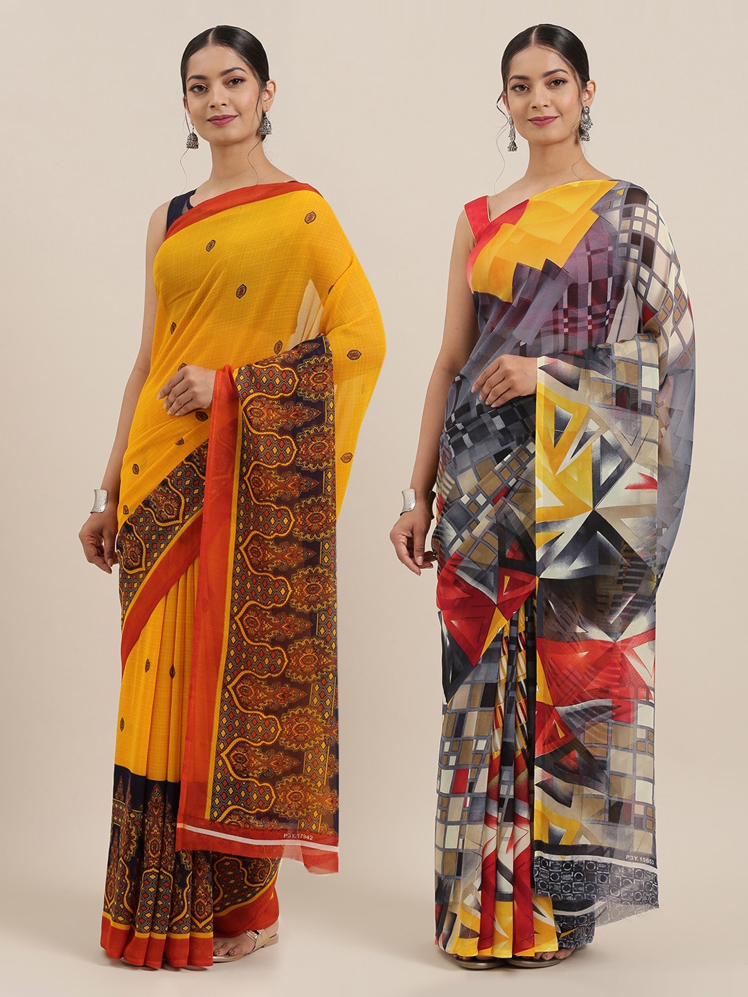 

KALINI Pack of 2 Printed Poly Georgette Sarees, Mustard