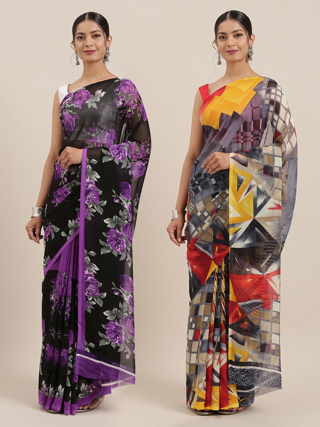 

ANAND SAREES Pack of 2 Printed Poly Georgette Sarees, Grey