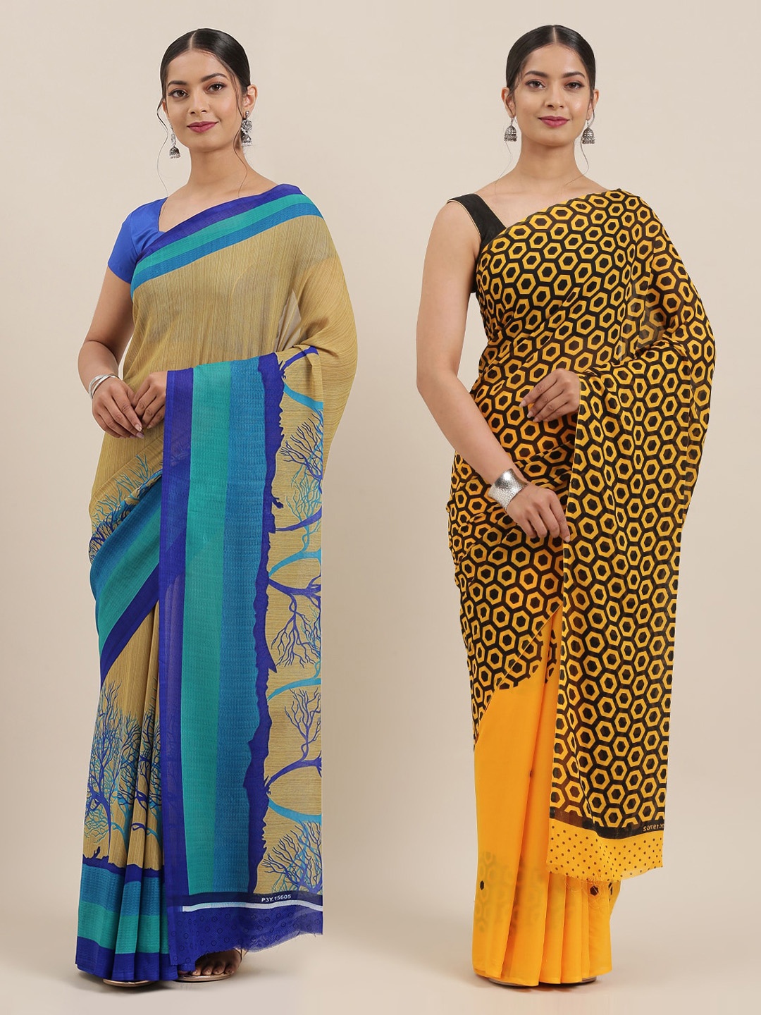 

KALINI Pack of 2 Poly Georgette Sarees, Beige