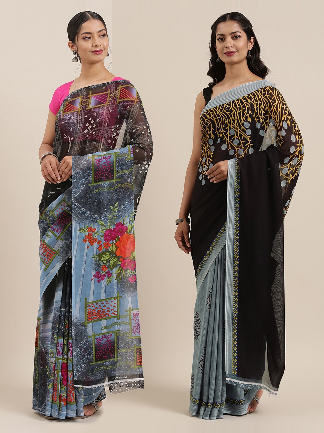 

ANAND SAREES Pack of 2 Black Printed Poly Georgette Sarees