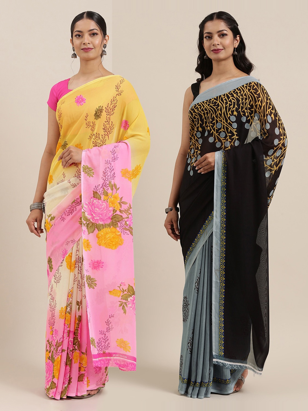 

ANAND SAREES Pack of 2 Printed Poly Georgette Sarees, Black