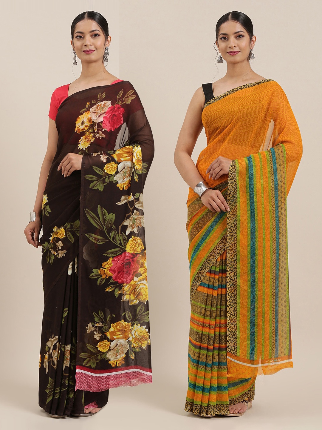 

ANAND SAREES Pack of 2 Printed Poly Georgette Sarees, Coffee brown