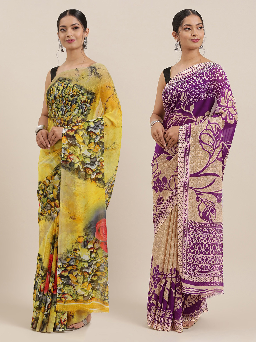 

KALINI Pack of 2 Printed Poly Georgette Sarees, Yellow