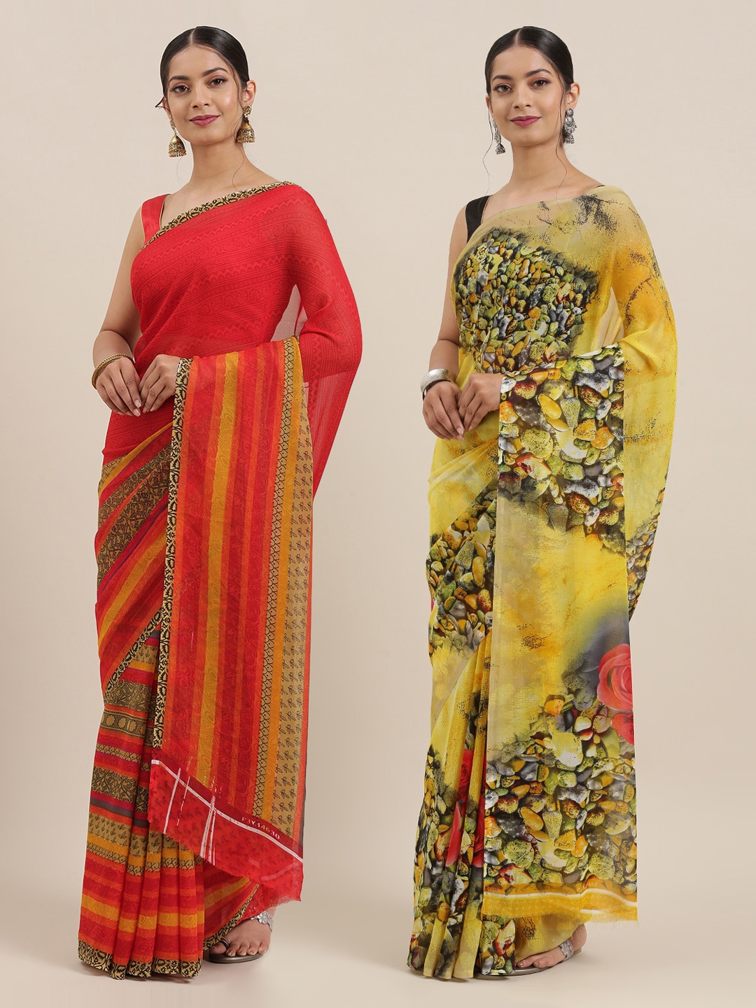 

ANAND SAREES Pack of 2 Printed Poly Georgette Sarees, Red