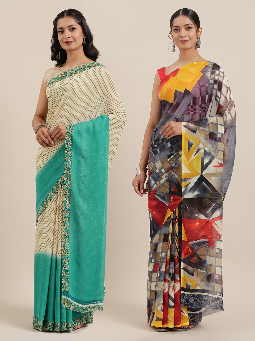 

ANAND SAREES Pack of 2 Printed Poly Georgette Sarees, Cream