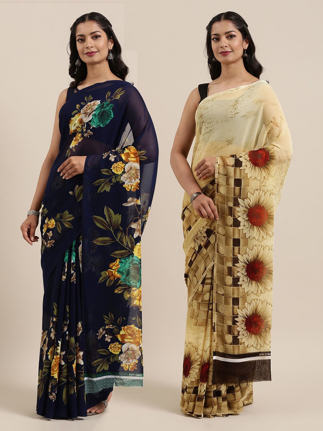 

ANAND SAREES Pack of 2 Printed Poly Georgette Sarees, Navy blue
