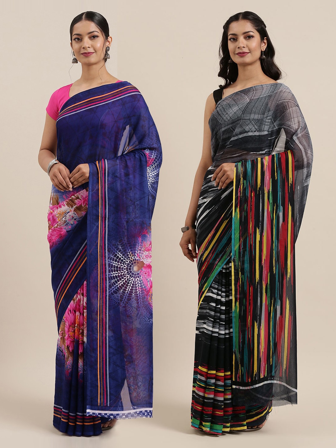 

ANAND SAREES Pack of 2 Printed Poly Georgette Sarees, Navy blue