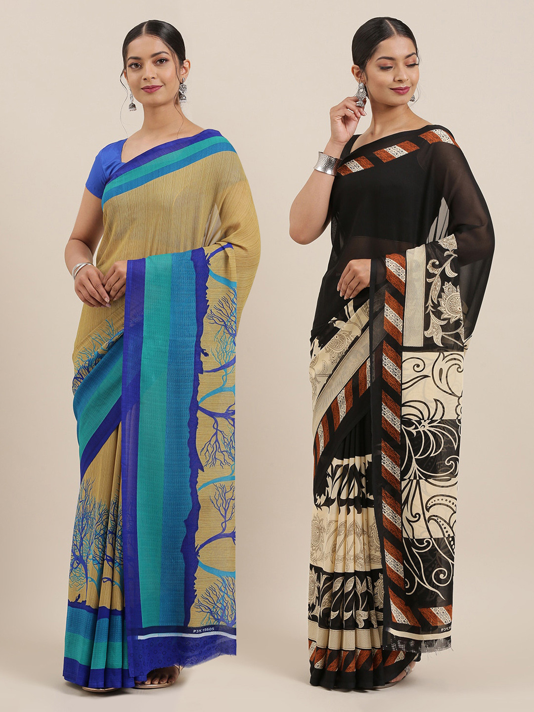 

ANAND SAREES Pack of 2 Poly Georgette Sarees, Beige