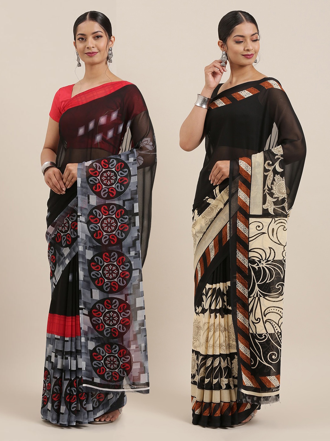 

ANAND SAREES Pack of 2 Black Printed Poly Georgette Sarees