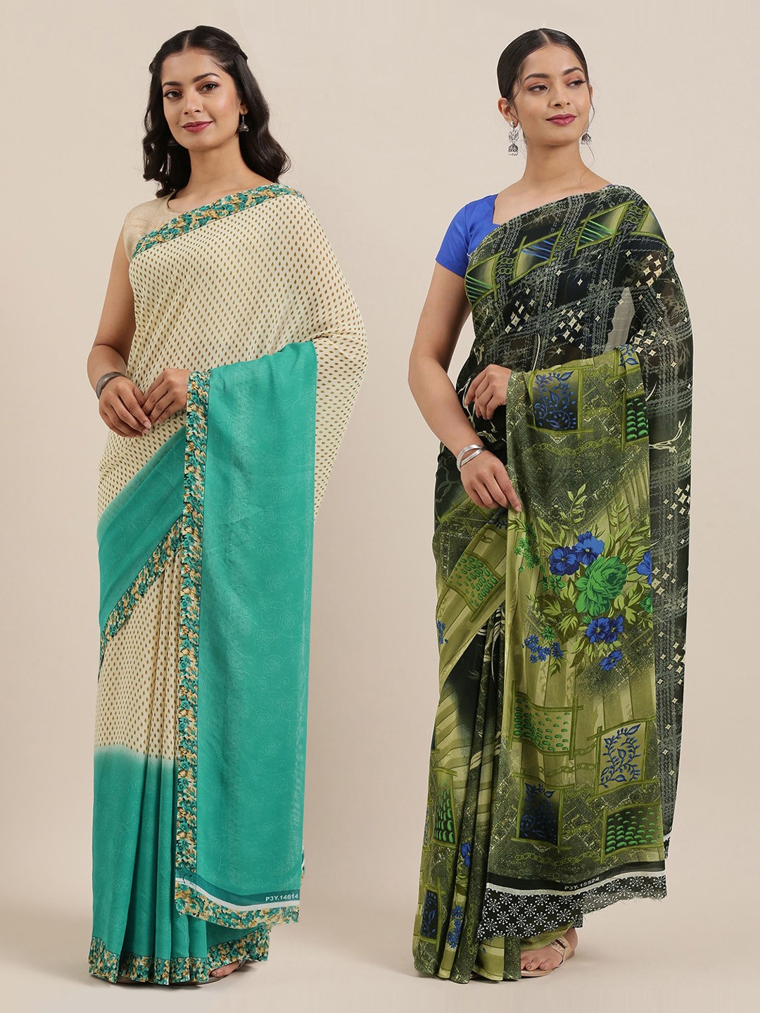 

KALINI Pack of 2 Printed Poly Georgette Sarees, Cream