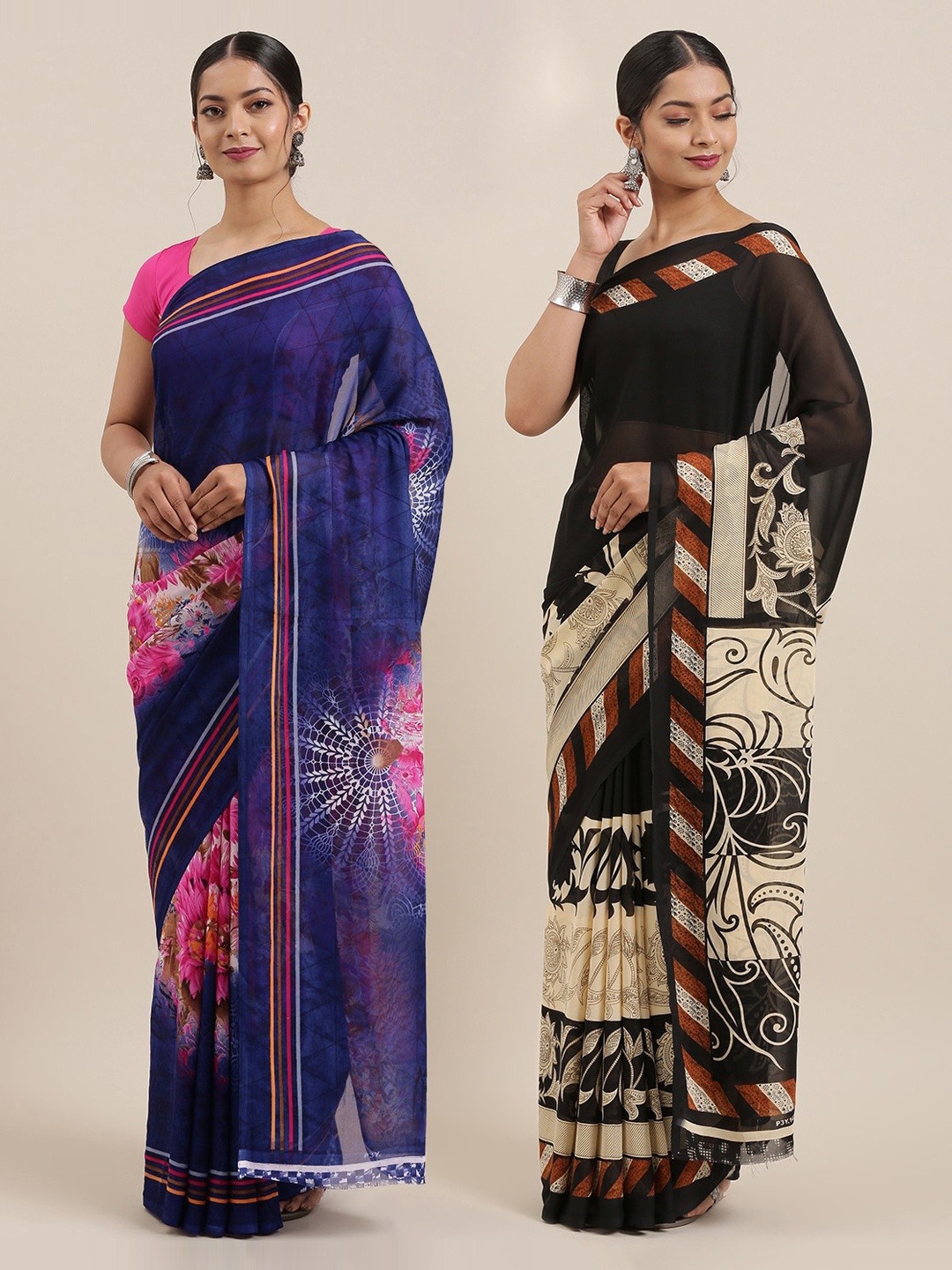 

ANAND SAREES Pack of 2 Printed Poly Georgette Sarees, Navy blue