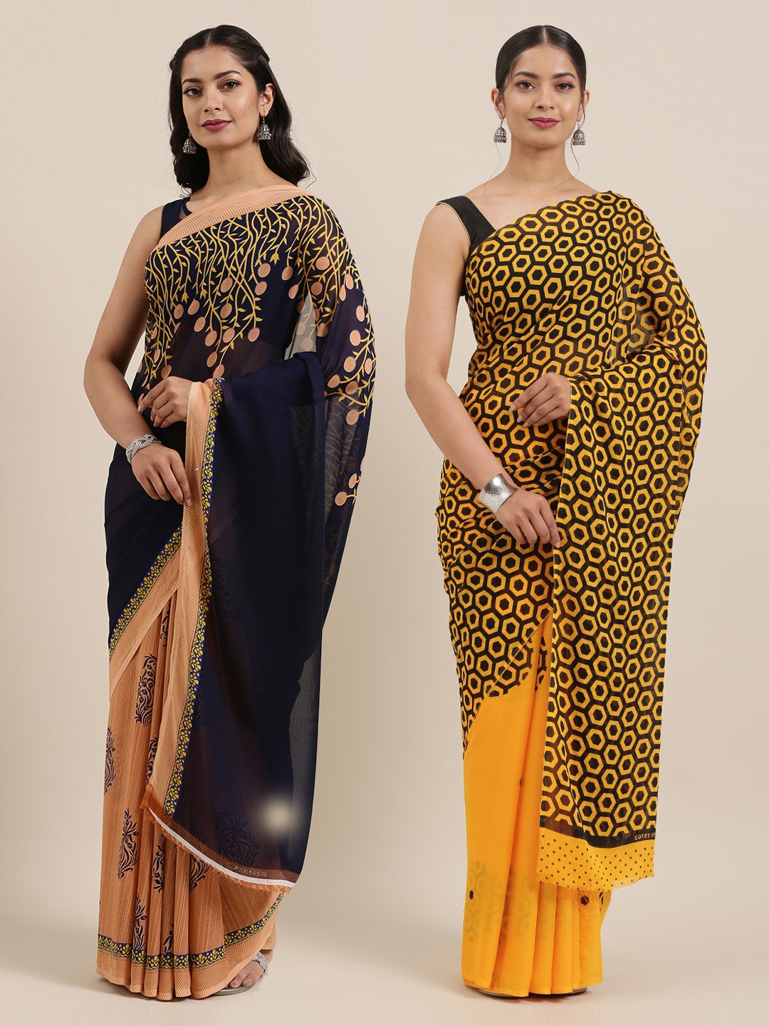 

KALINI Pack of 2 Poly Georgette Print Sarees, Navy blue