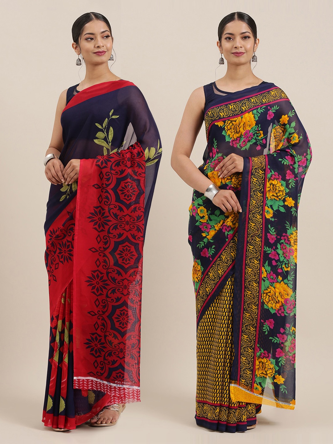 

ANAND SAREES Pack of 2 Poly Georgette Floral Print Sarees, Navy blue