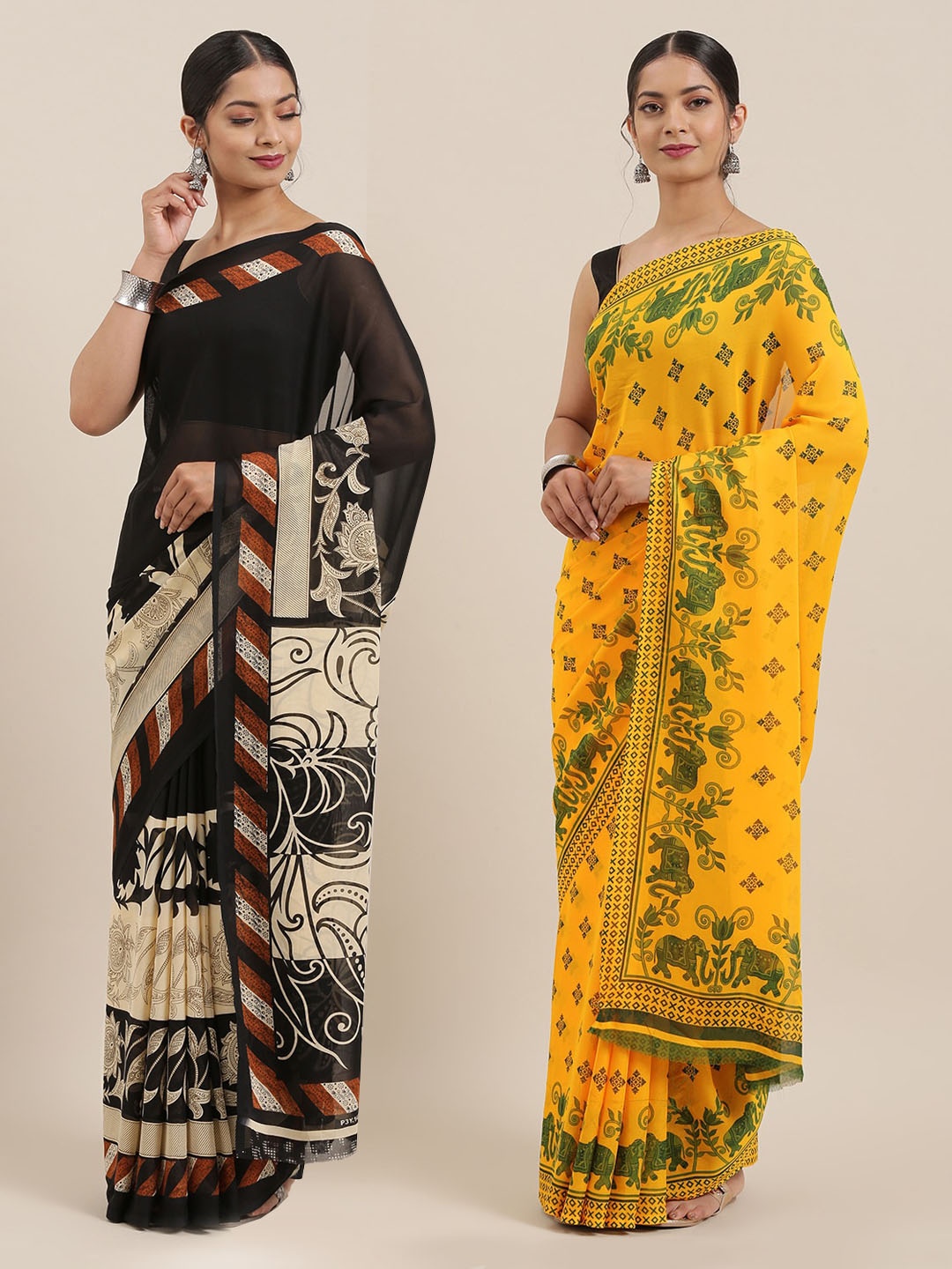 

ANAND SAREES Pack of 2 Poly Georgette Ethnic Motifs Printed Sarees, Yellow