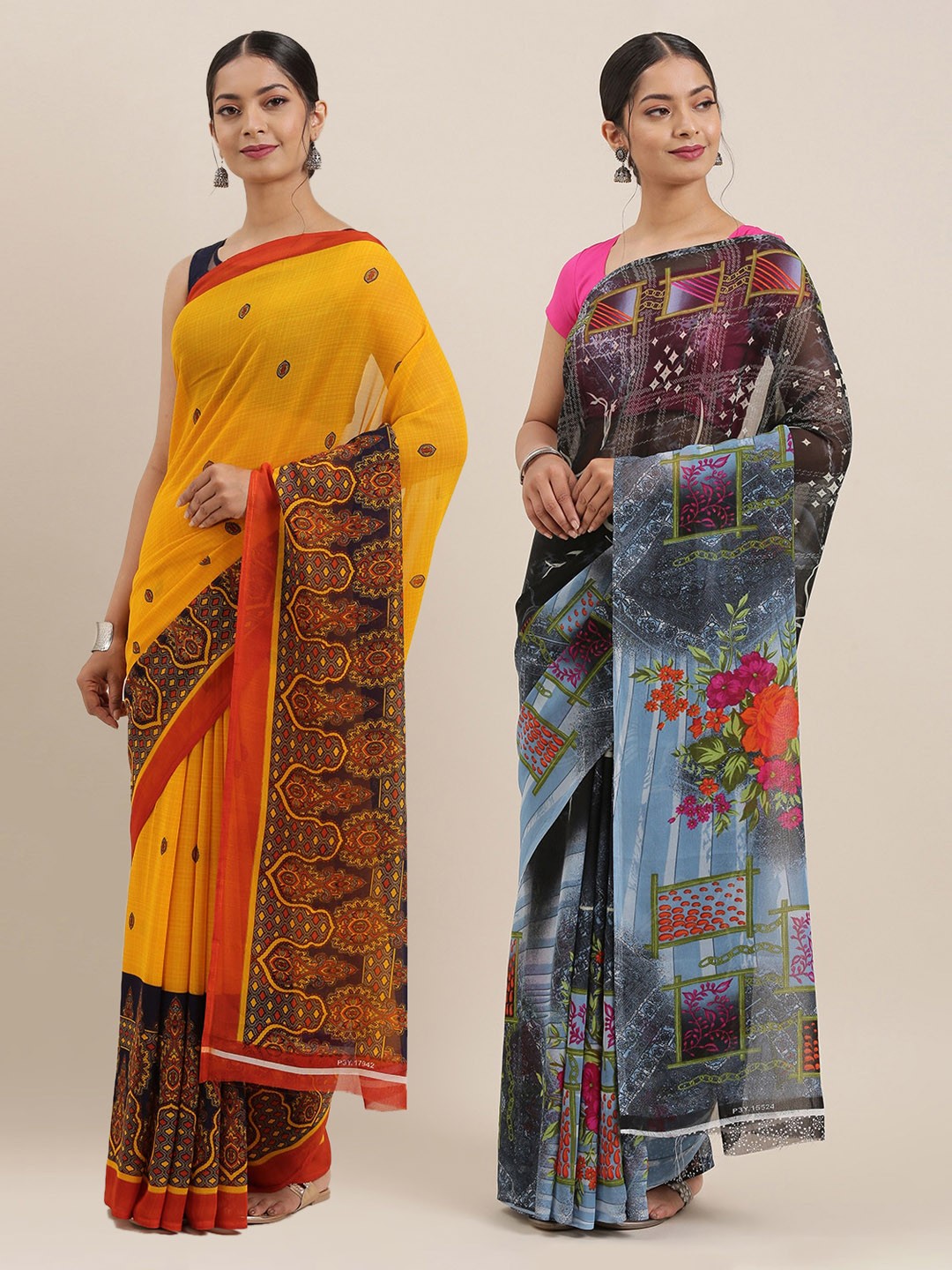 

KALINI Pack of 2 Printed Poly Georgette Sarees, Black
