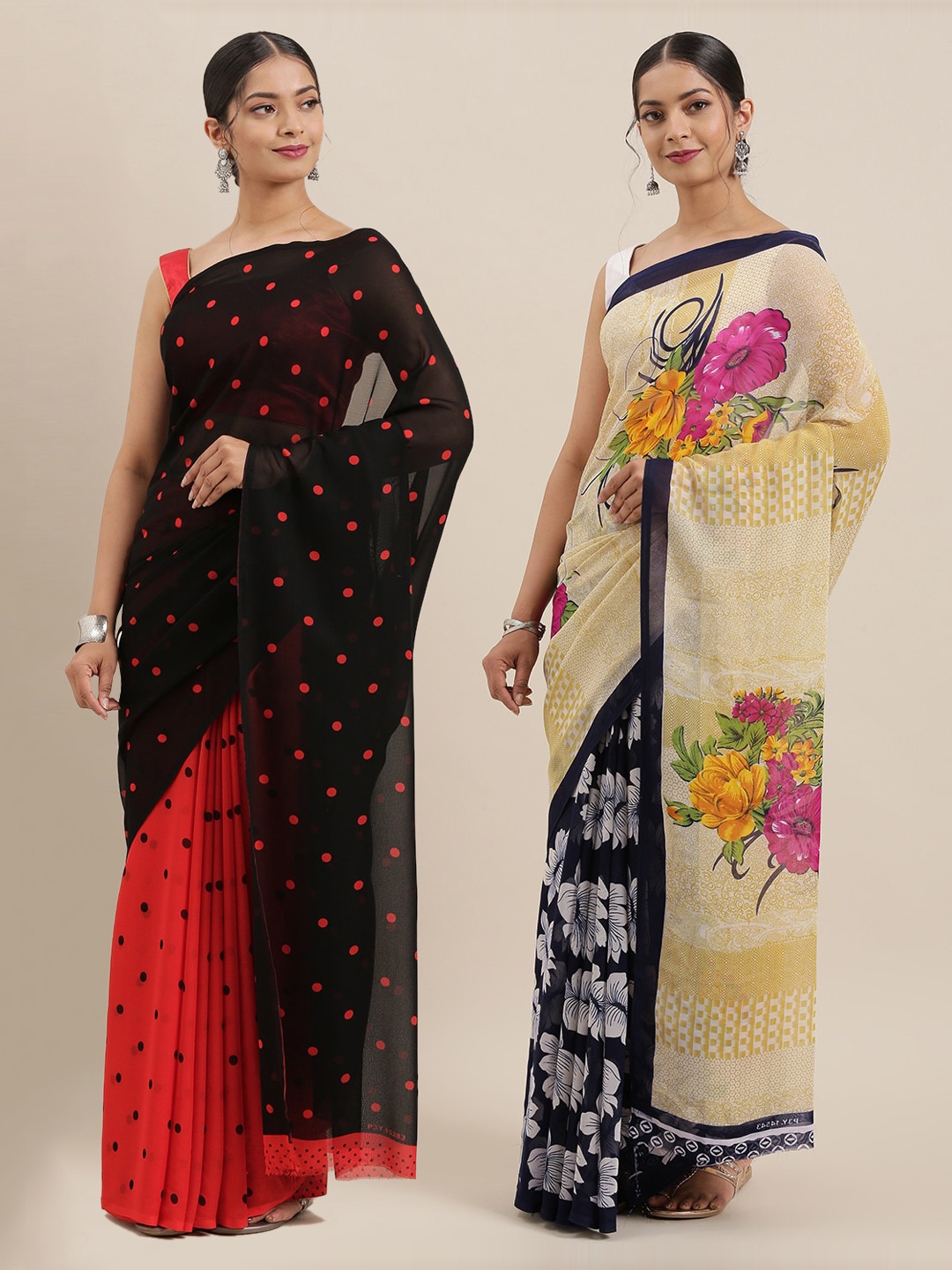 

ANAND SAREES Pack of 2 Printed Poly Georgette Sarees, Beige