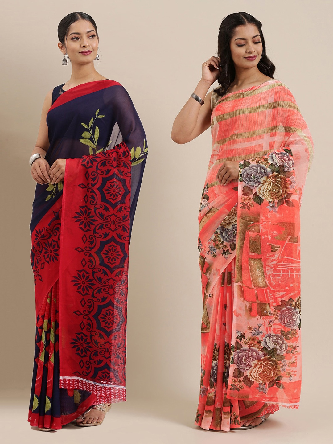 

ANAND SAREES Pack of 2 Poly Georgette Floral Printed Sarees, Coral