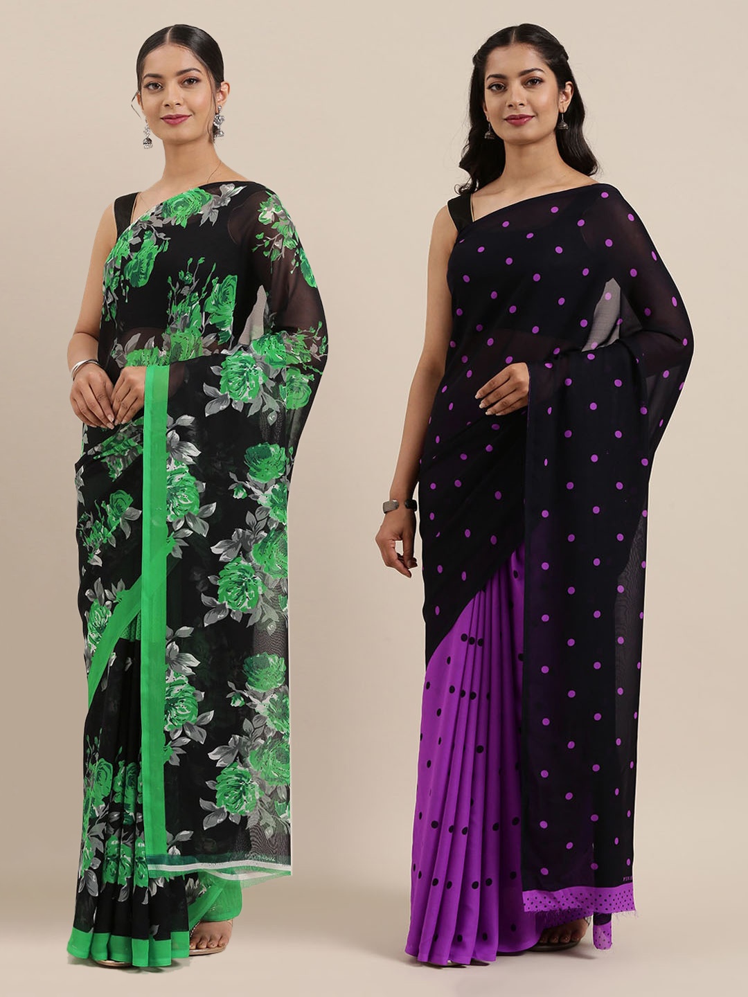 

ANAND SAREES Pack of 2 Poly Georgette Printed Sarees, Black