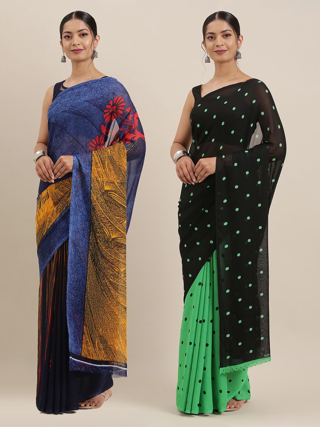 

ANAND SAREES Pack of 2 Poly Georgette Printed Sarees, Black