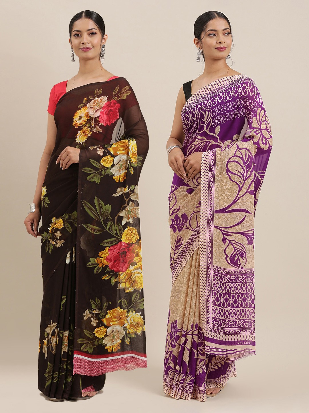 

KALINI Pack of 2 Poly Georgette Floral Print Sarees, Purple