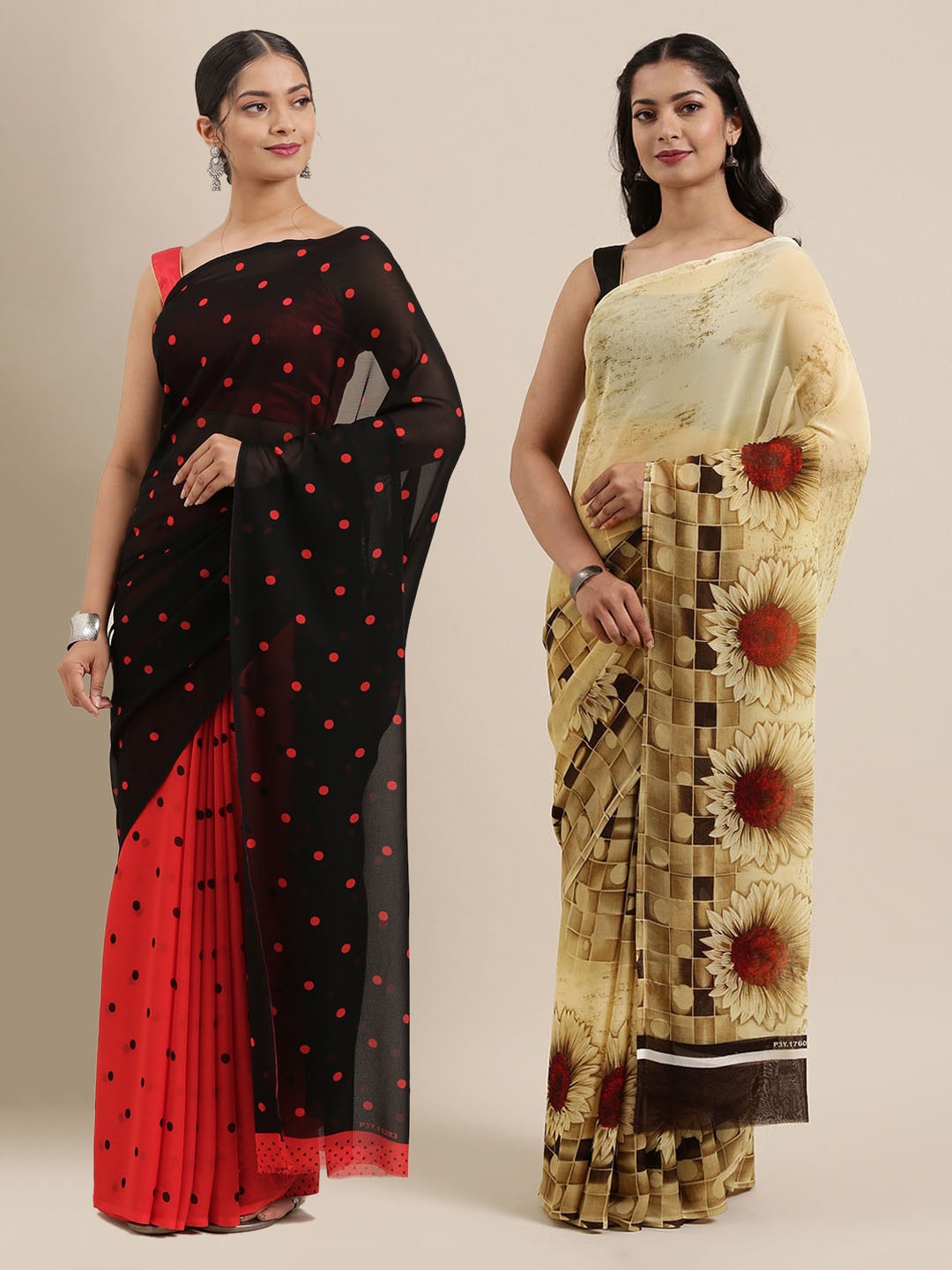 

ANAND SAREES Pack of 2 Poly Georgette Printed Sarees, Beige