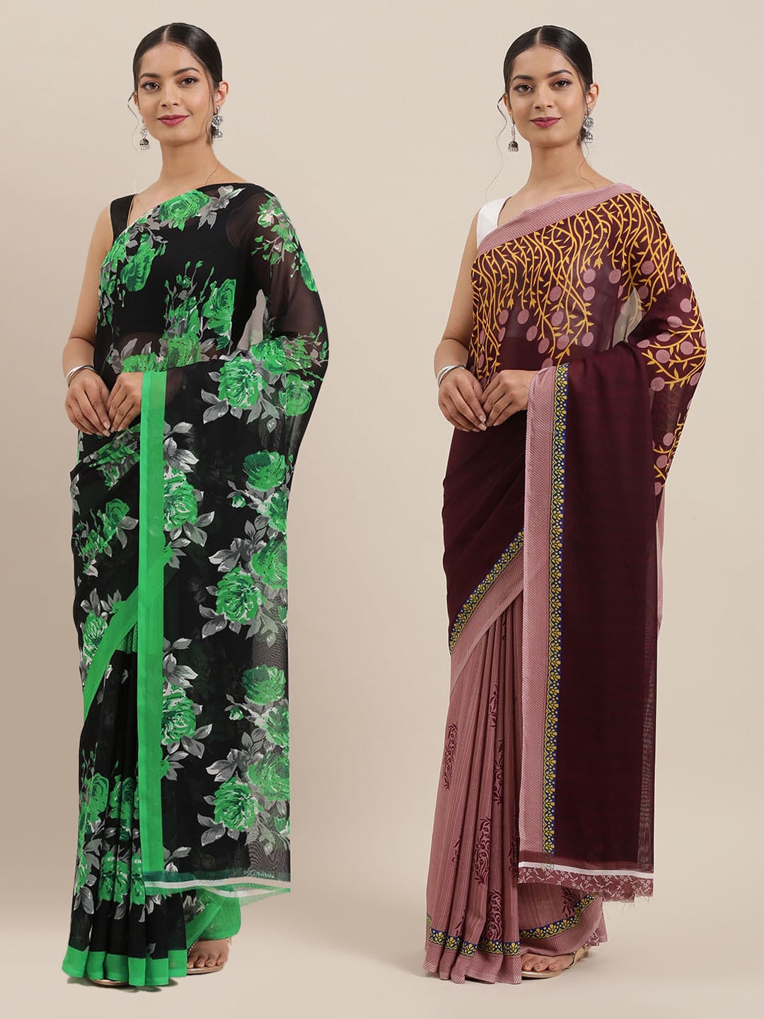 

ANAND SAREES Pack of 2 Poly Georgette Floral Printed Sarees, Purple