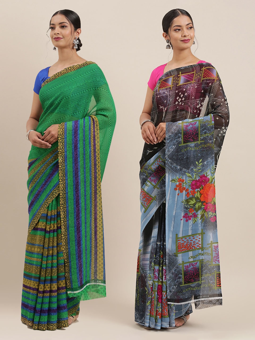 

ANAND SAREES Pack of 2 Poly Georgette Printed Sarees, Black