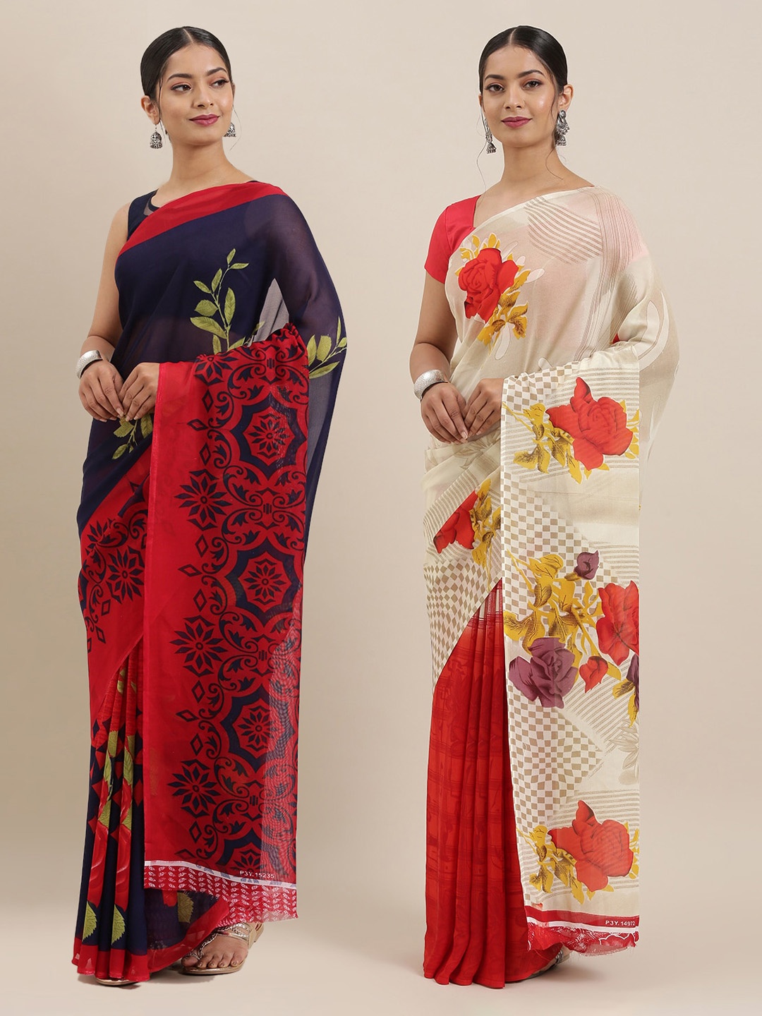 

ANAND SAREES Pack of 2 Poly Georgette Floral Print Sarees, Off white