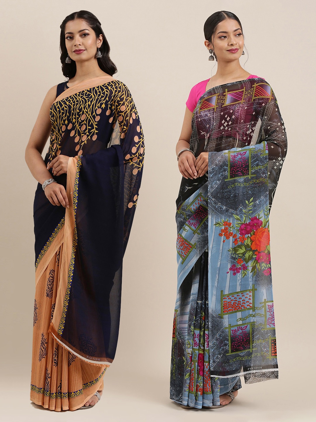 

ANAND SAREES Pack of 2 Poly Georgette Floral Printed Sarees, Black