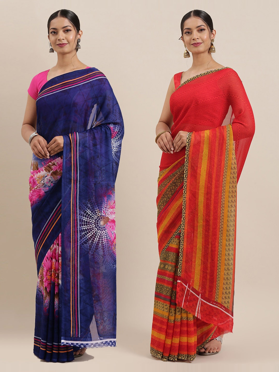 

ANAND SAREES Pack of 2 Poly Georgette Printed Sarees, Red