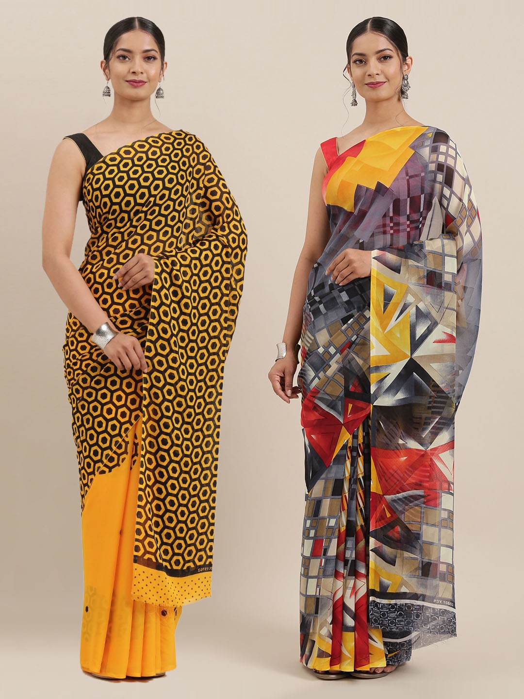 

KALINI Pack of 2 Poly Georgette Geometric Printed Sarees, Grey