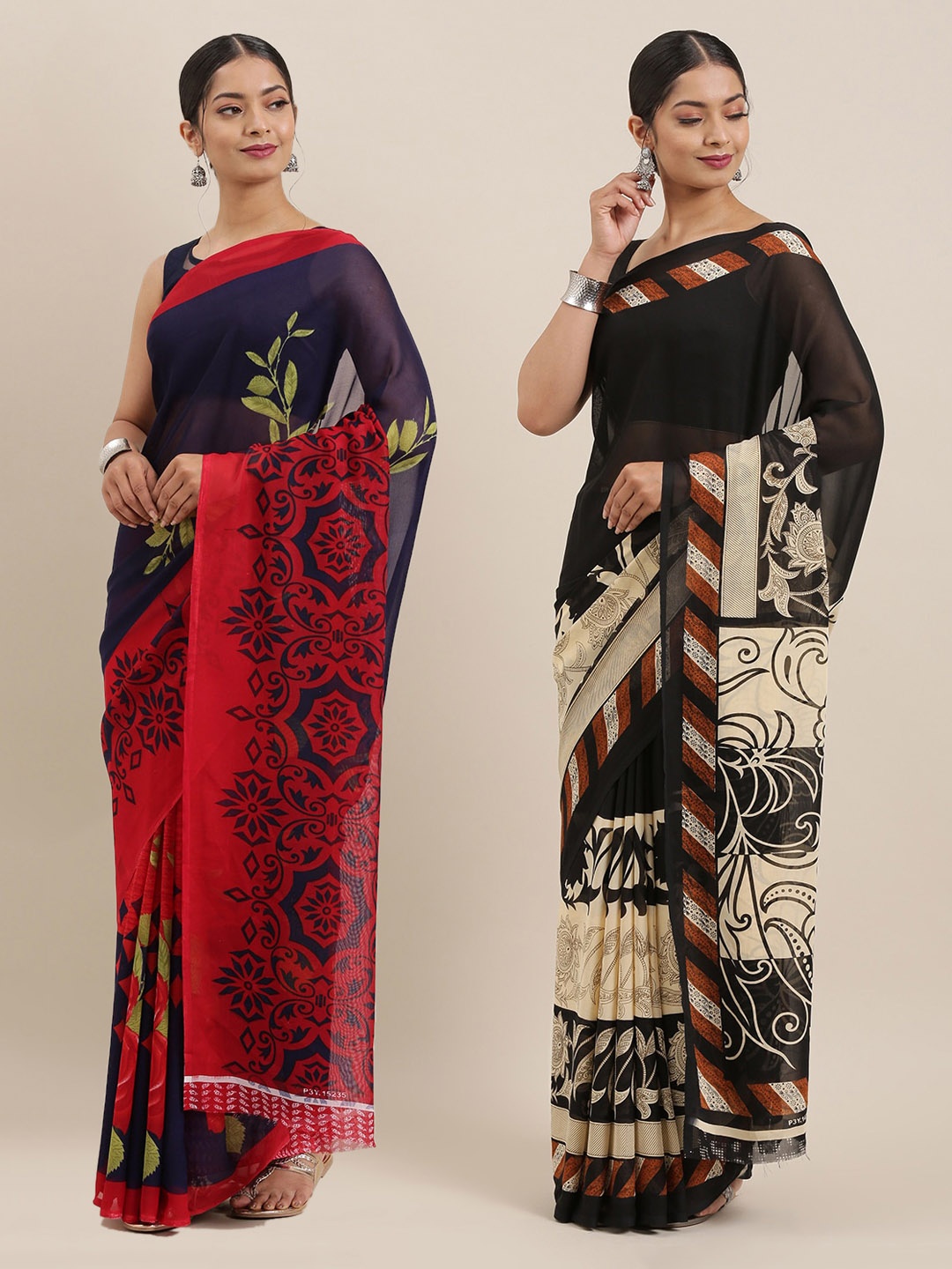 

ANAND SAREES Pack of 2 Poly Georgette Floral Printed Sarees, Black