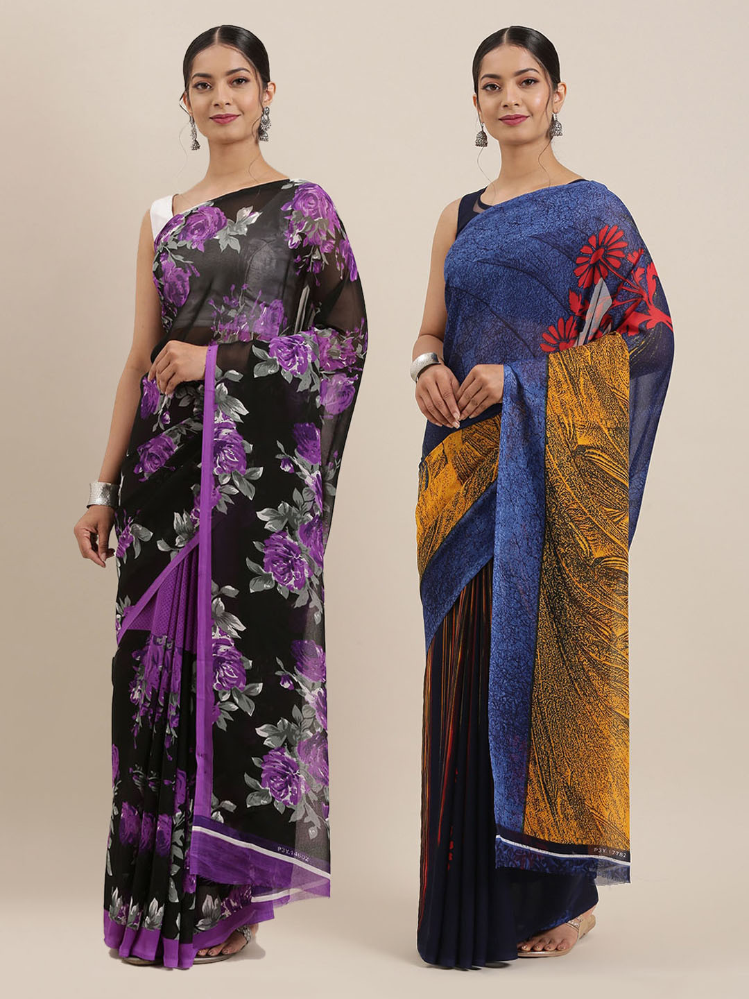 

ANAND SAREES Pack of 2 Poly Georgette Printed Sarees, Navy blue